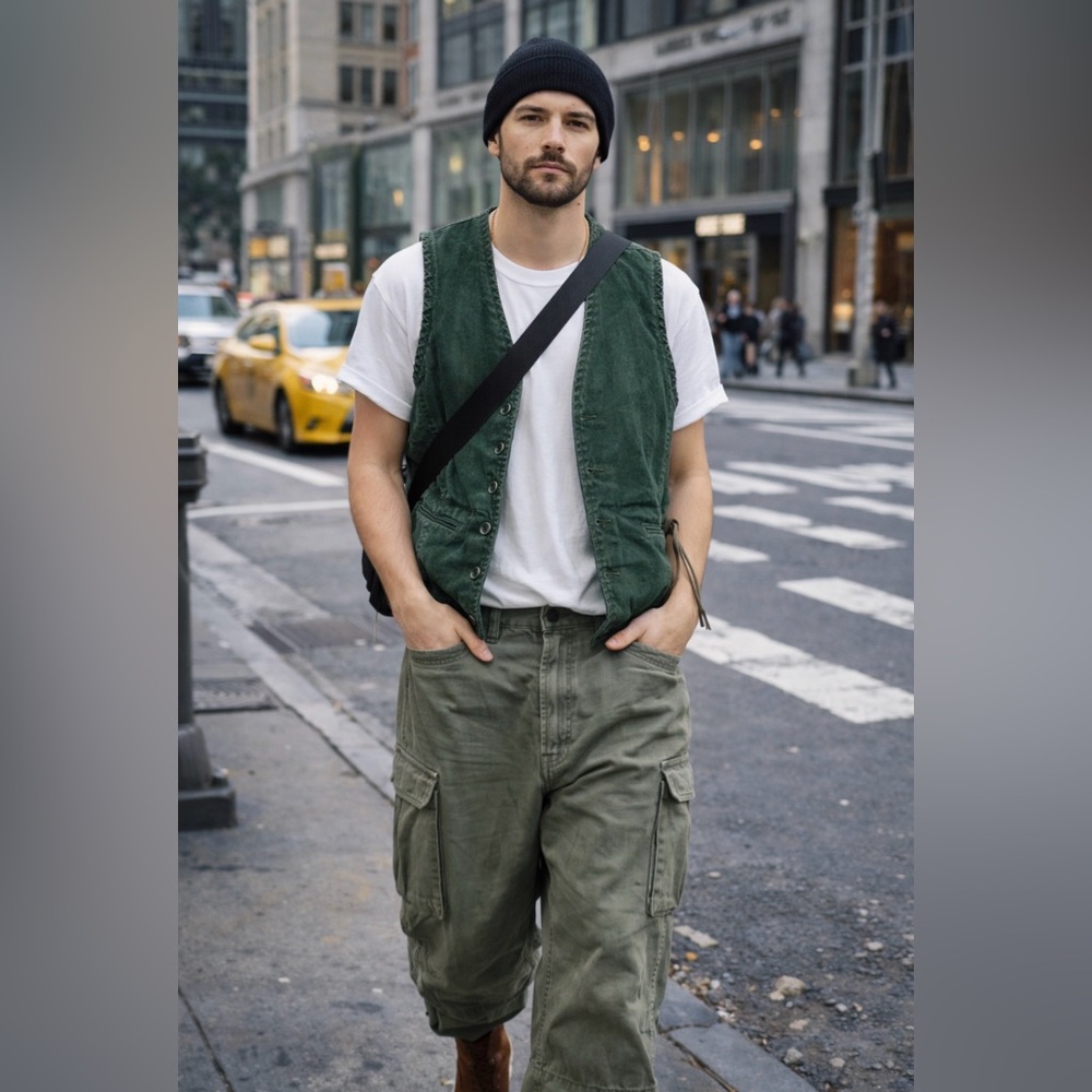 Green Genuine Suede-Leather Vintage Whip-Stitch Vest boho 80s biker unisex M - Picture 14 of 15